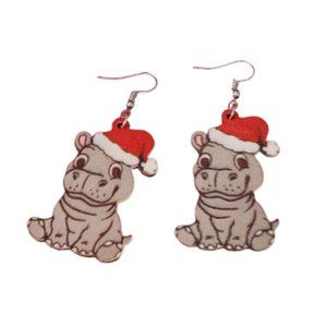 Pipi Tree Hippo Santa Hat Wooden Dangle Earrings NWOT